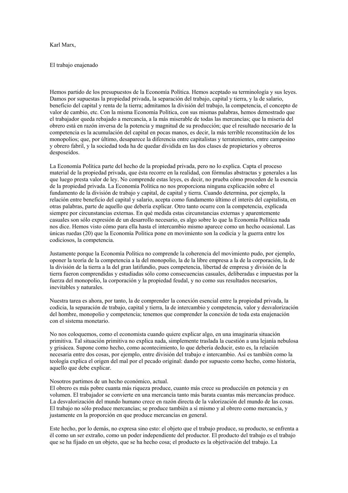 El trabajo enajenado (fragmento)